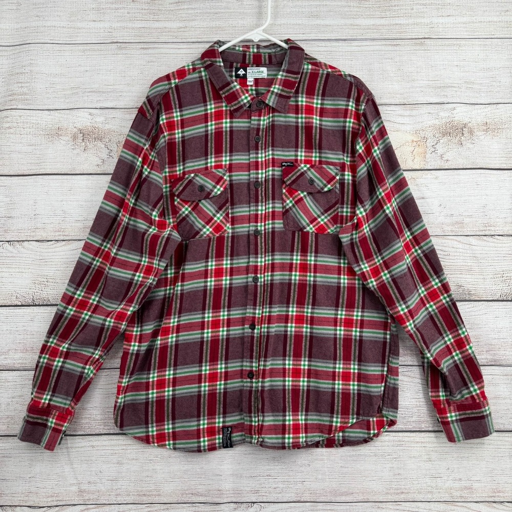LRG Flannel Shirt Men XL Burgundy Plaid Long Sleeve Button Down Streetwear